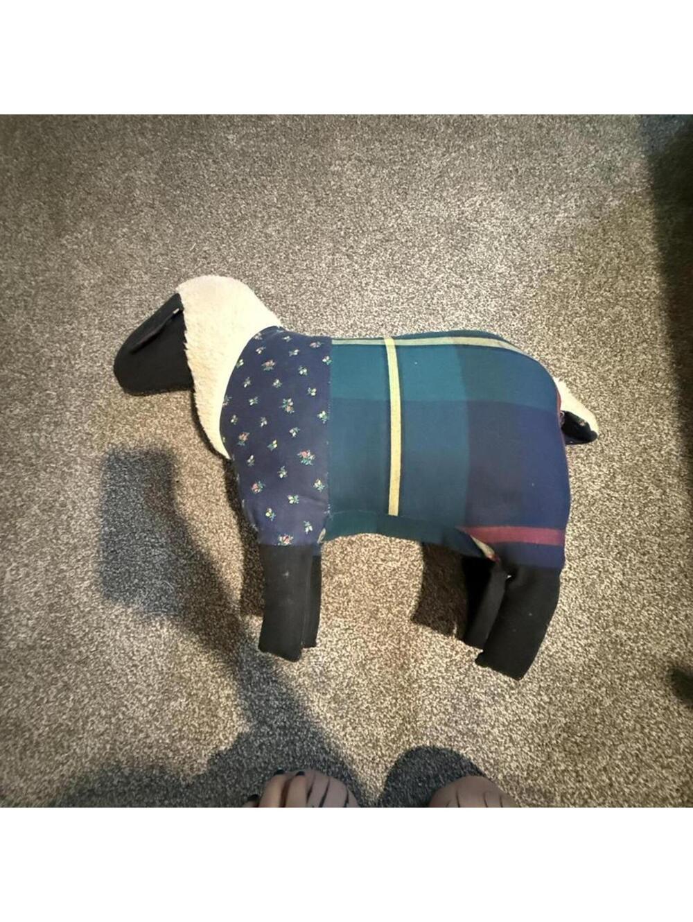 Handmade blue and green quilted plaid sheep toy stuffed